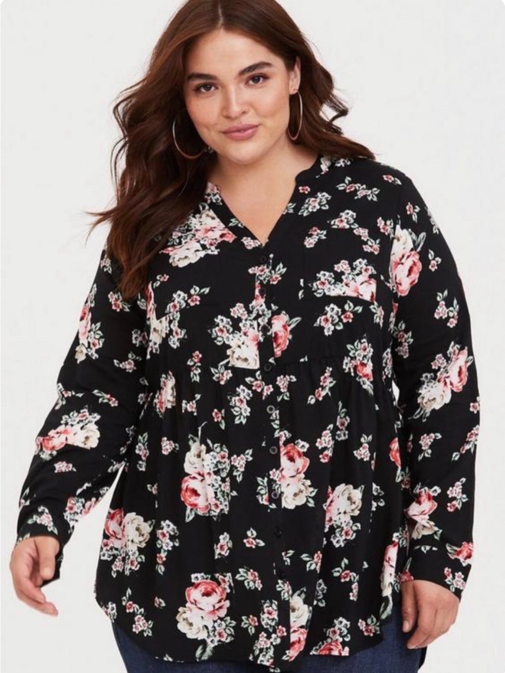 torrid Black Floral Button-Front V-Neck Blouse